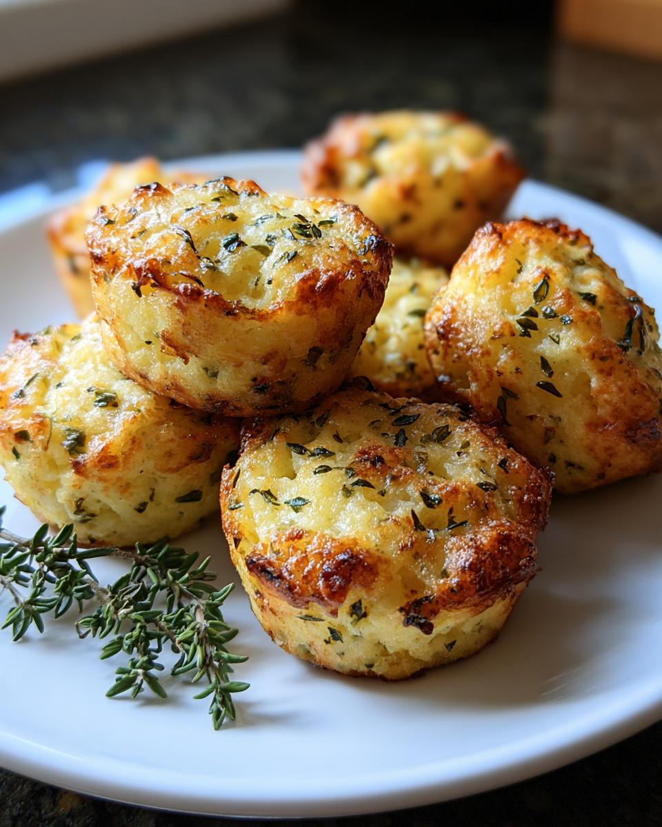 A stack of golden brown Herb Mashed Potato Puffs, garnished with fresh thyme sprigs on a white plate.