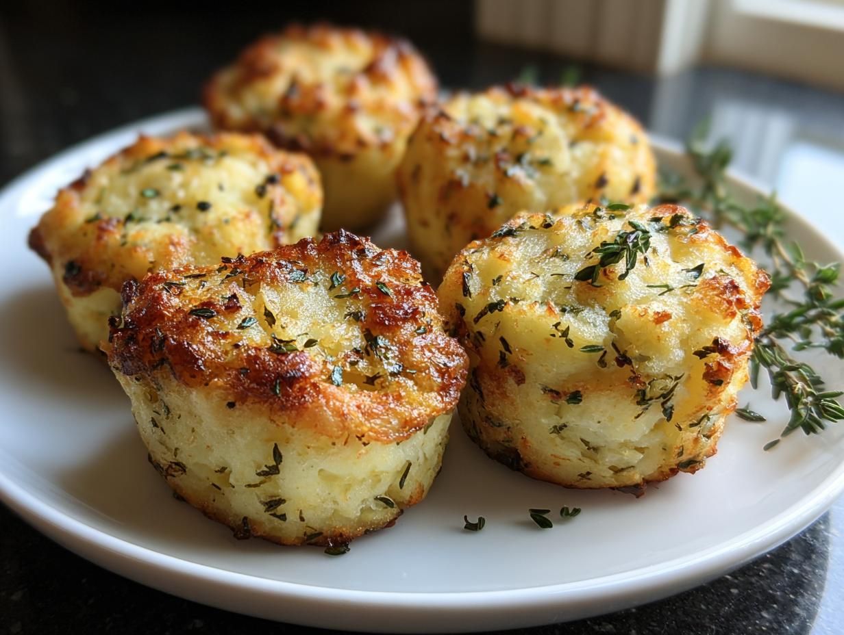 Close-up of golden-brown Herb Mashed Potato Puffs garnished with fresh thyme sprigs.