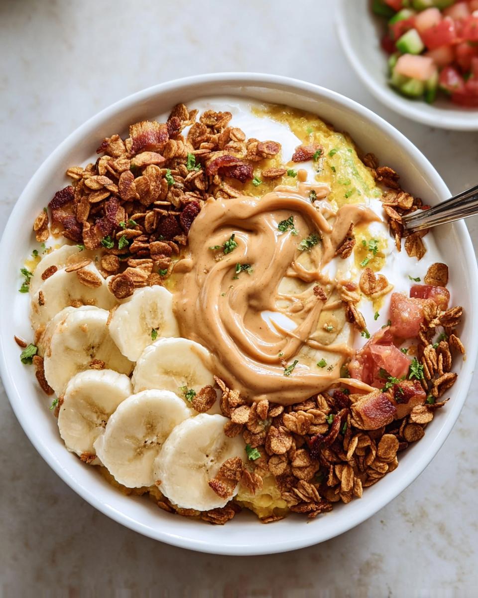 Overhead view of a High-Protein Breakfast Bowl topped with yogurt, sliced banana, peanut butter swirl, granola, and bacon bits.