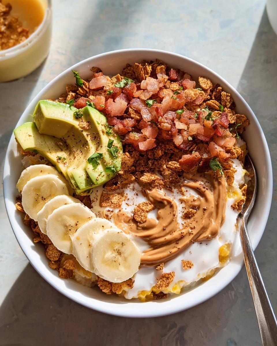 Top-down view of a High-Protein Breakfast Bowl topped with yogurt, peanut butter swirl, banana, avocado, and crumbled bacon.