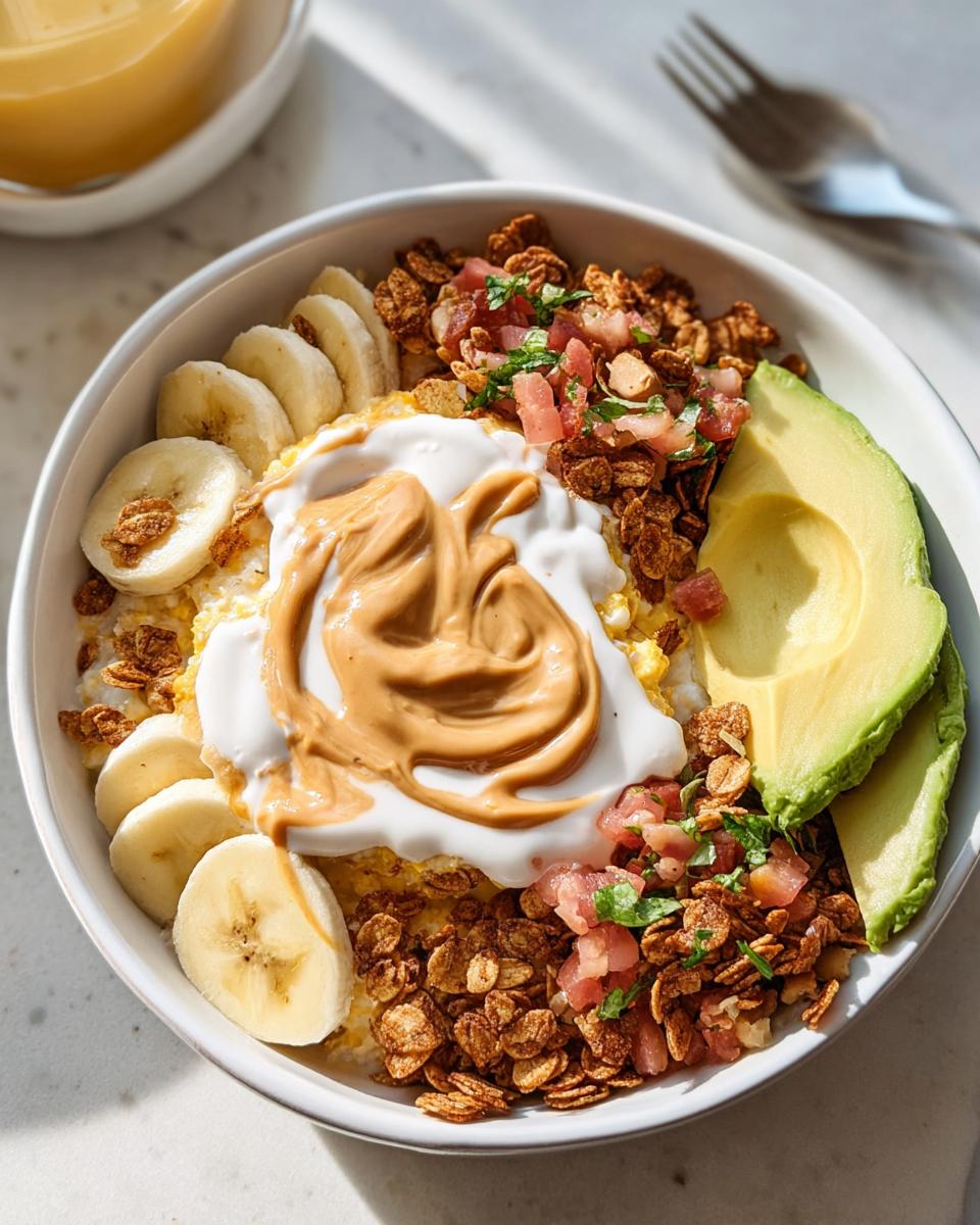 A fully assembled High-Protein Breakfast Bowl featuring yogurt, peanut butter swirl, avocado, banana slices, and granola.
