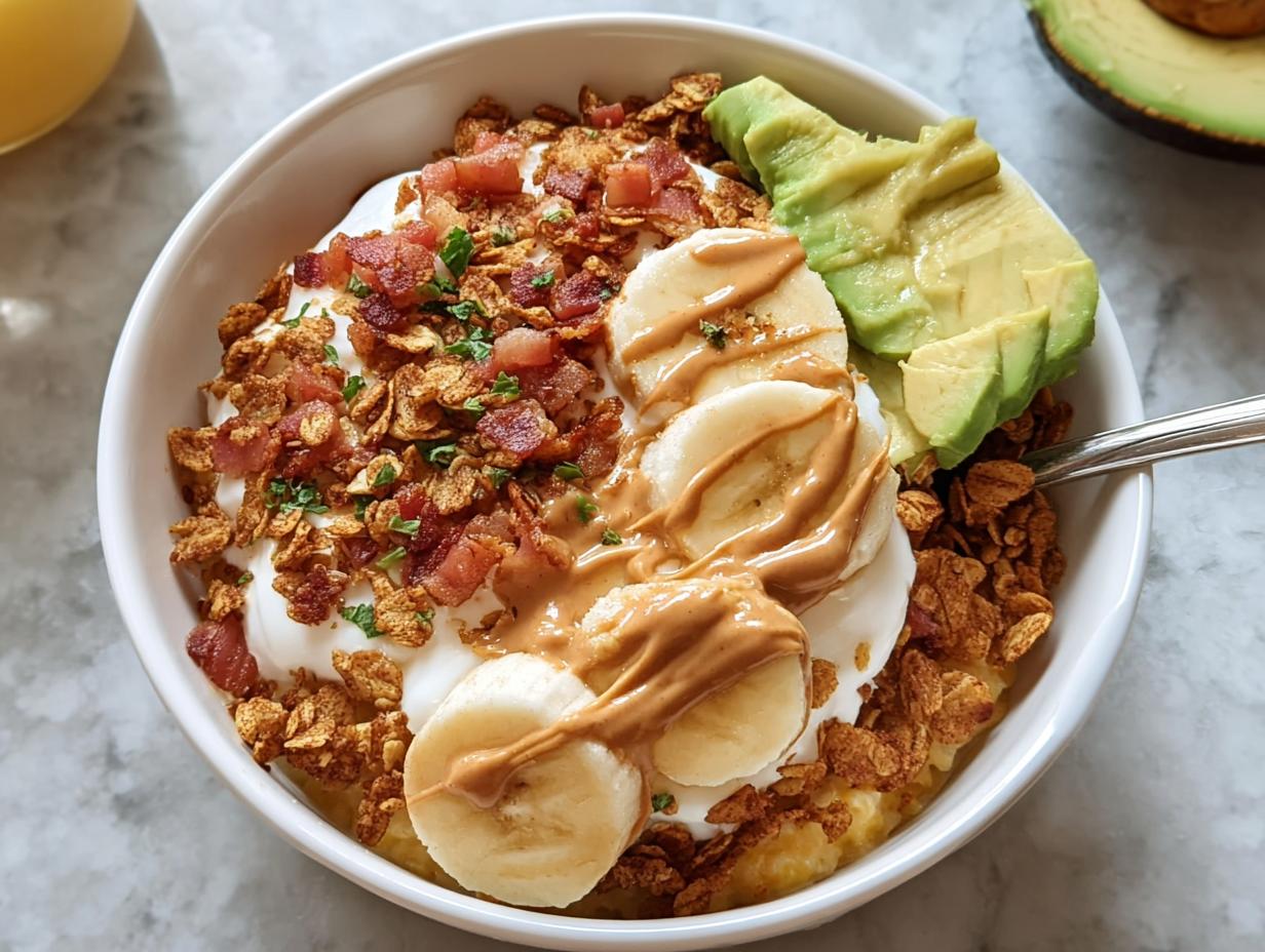 Overhead view of a High-Protein Breakfast Bowl topped with yogurt, bacon, banana slices, and peanut butter.