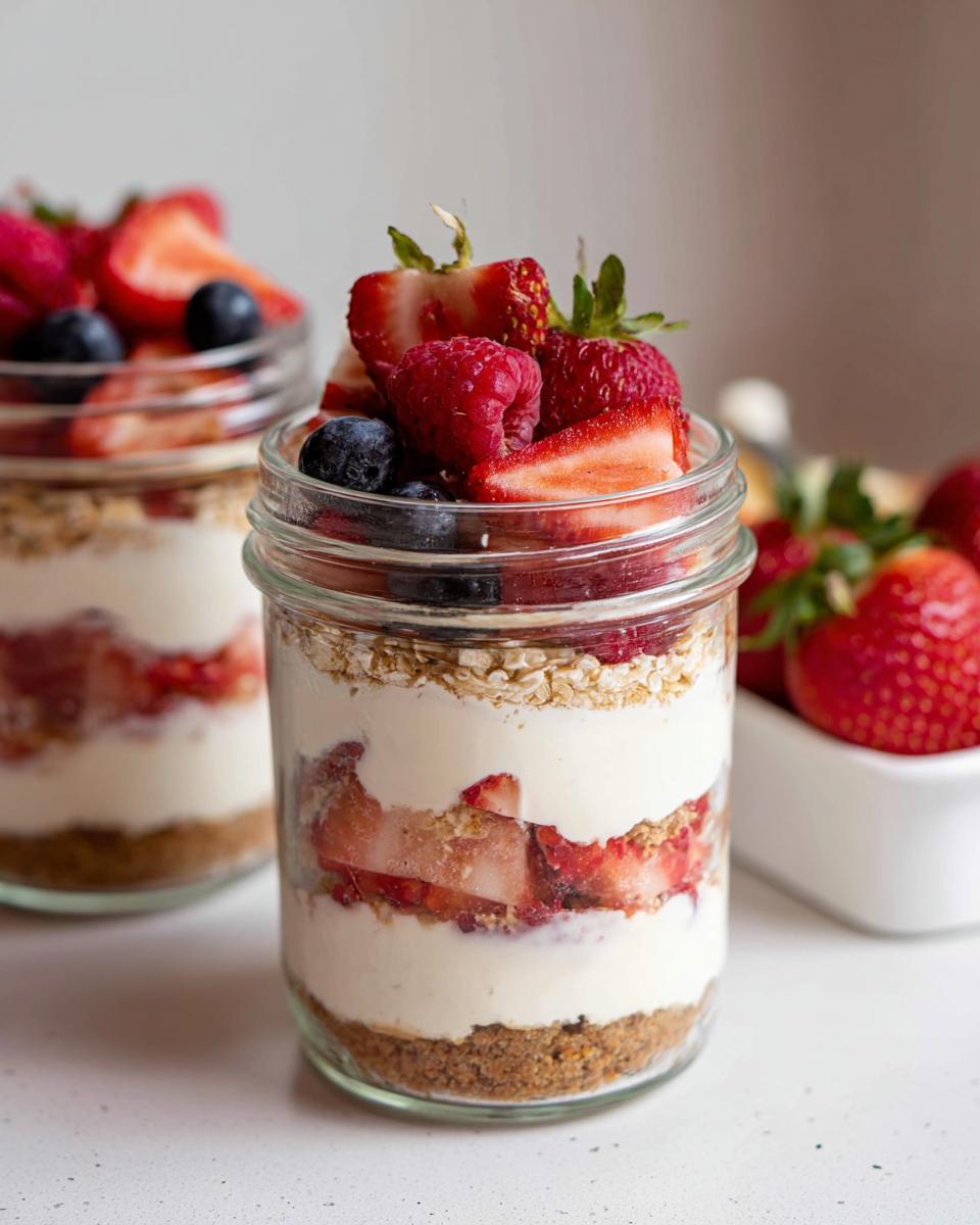 Close-up of layered High-Protein Cheesecake Jars with graham cracker crust, cream filling, oats, and fresh berries on top.