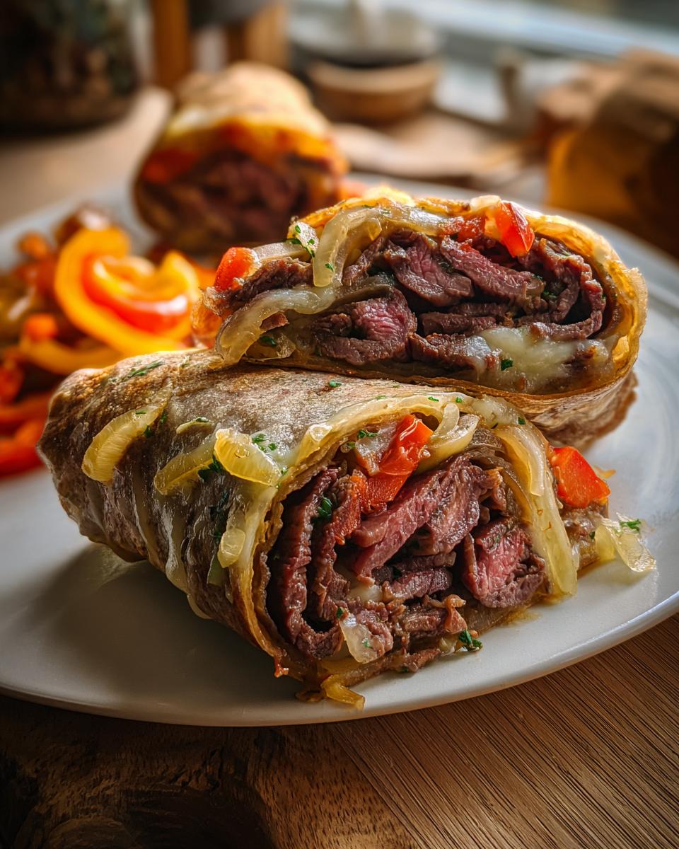 Close-up of High Protein Cheesesteak Roll Ups cut in half, showing layers of steak, melted cheese, and sautéed onions.