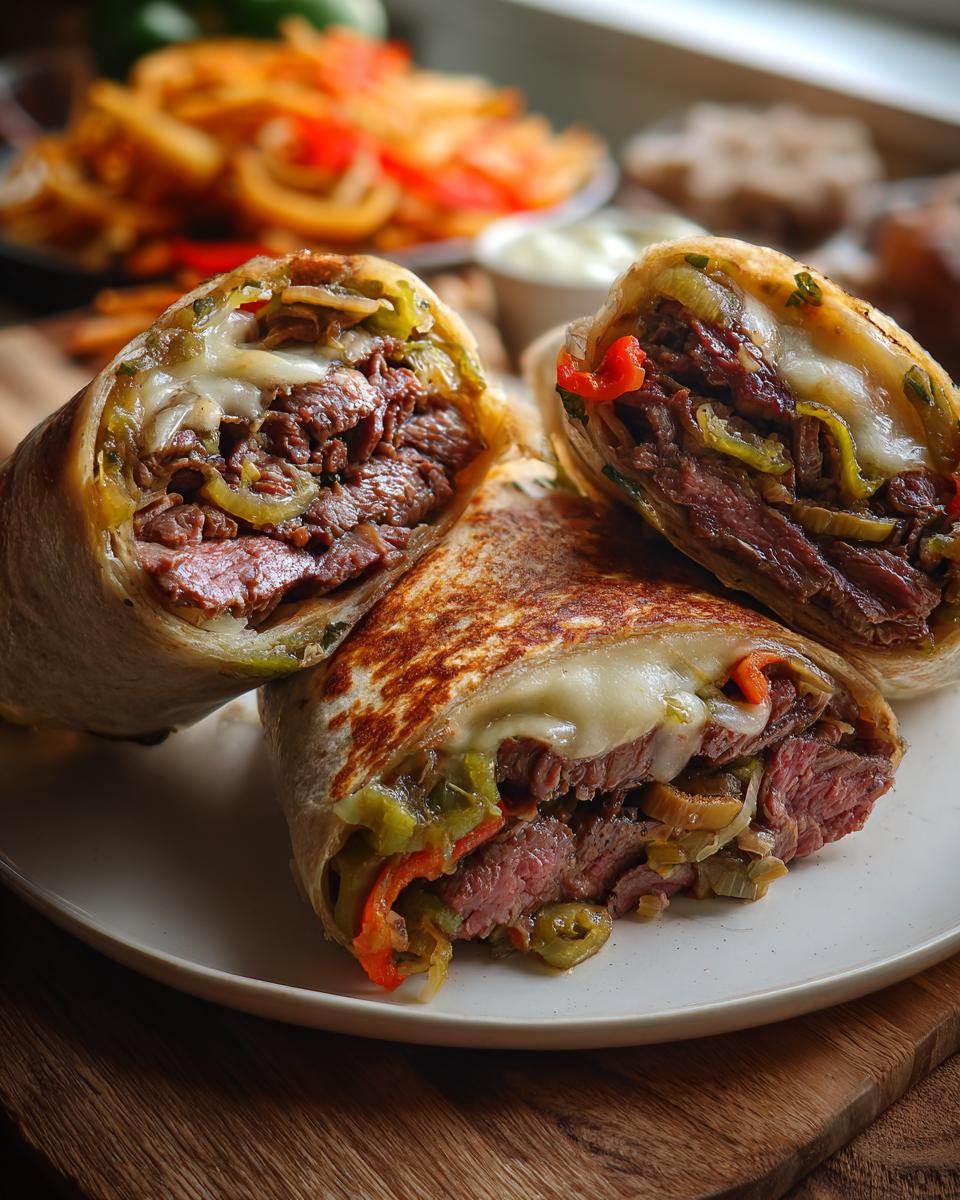 Two halves of a grilled High Protein Cheesesteak Roll Ups showing steak, peppers, onions, and melted cheese.
