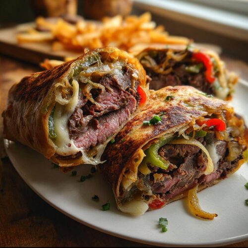 Two halves of a grilled High Protein Cheesesteak Roll Ups showing steak, melted cheese, peppers, and onions inside.