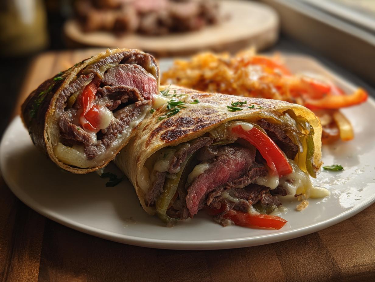 Close-up of High Protein Cheesesteak Roll Ups cut in half, showing steak, peppers, and melted cheese.