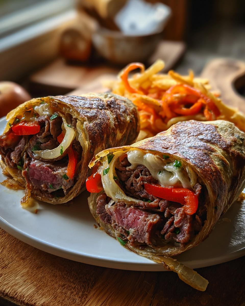 Two halves of High Protein Cheesesteak Roll Ups filled with steak, peppers, onions, and melted cheese, served with fries.