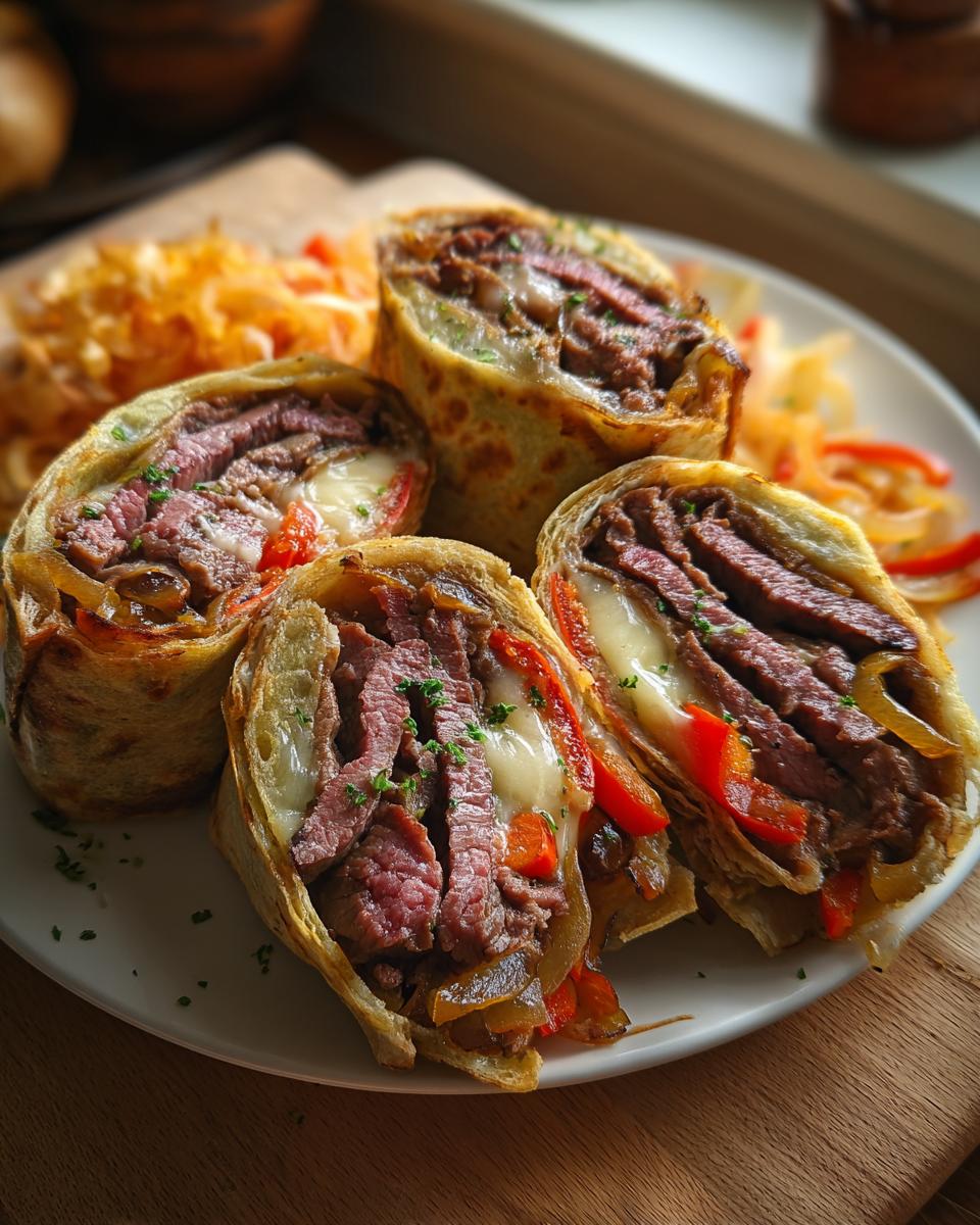 Four cross-sections of High Protein Cheesesteak Roll Ups filled with steak, peppers, onions, and melted cheese.