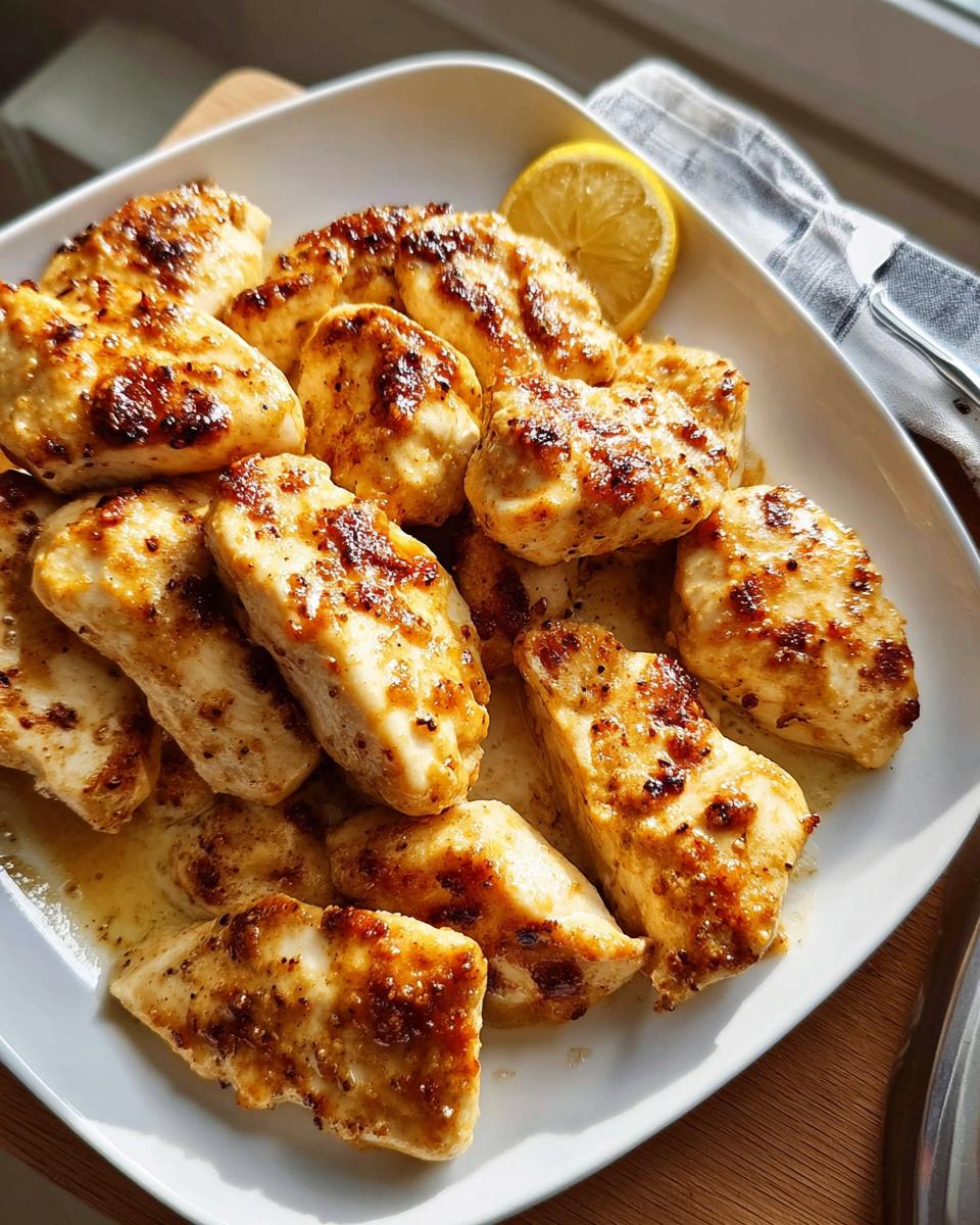 Close-up of perfectly seared, golden pieces of High Protein Chicken Bake served on a white plate with a lemon wedge.