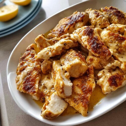 Close-up of seasoned, seared chicken pieces from the High Protein Chicken Bake served on a white platter.