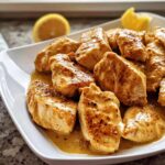 Close-up of seasoned chicken pieces served in a creamy sauce, perfect for a High Protein Chicken Bake.