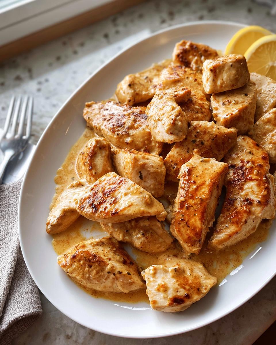 Plated pieces of seared chicken covered in a creamy sauce, ready to eat as part of the High Protein Chicken Bake.