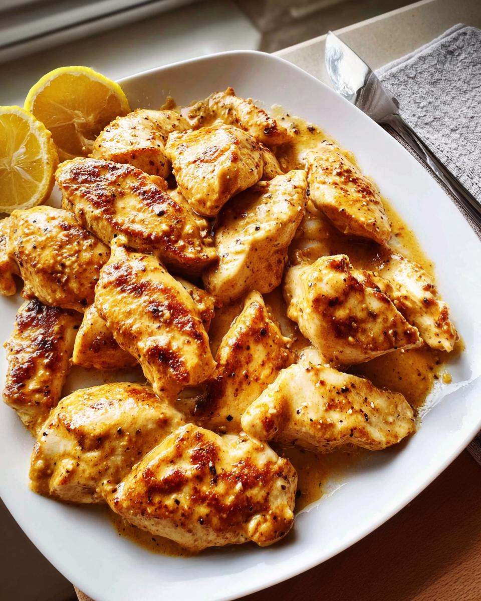 Close-up of seasoned chicken pieces coated in a creamy sauce, served on a white plate with lemon wedges, ready for the High Protein Chicken Bake.