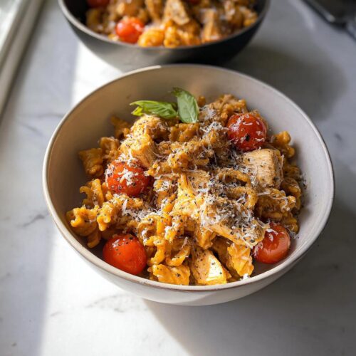 A close-up of a bowl of High Protein Chicken Pasta mixed with cherry tomatoes and topped with grated cheese.