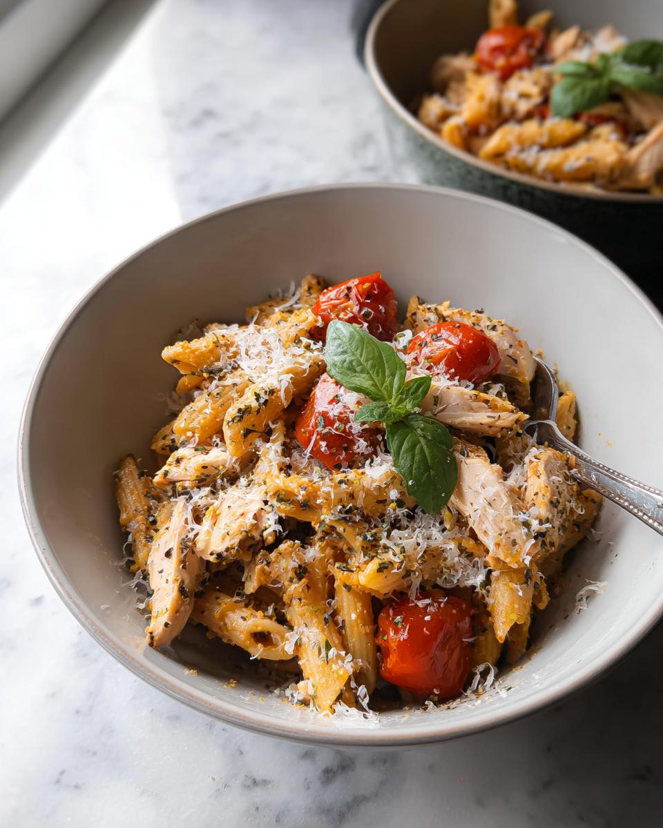 Close-up of a bowl of High Protein Chicken Pasta mixed with cherry tomatoes, grated cheese, and basil.