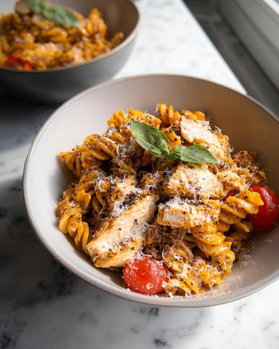 Close-up of a bowl of High Protein Chicken Pasta with fusilli, sliced chicken breast, cherry tomatoes, and grated cheese.