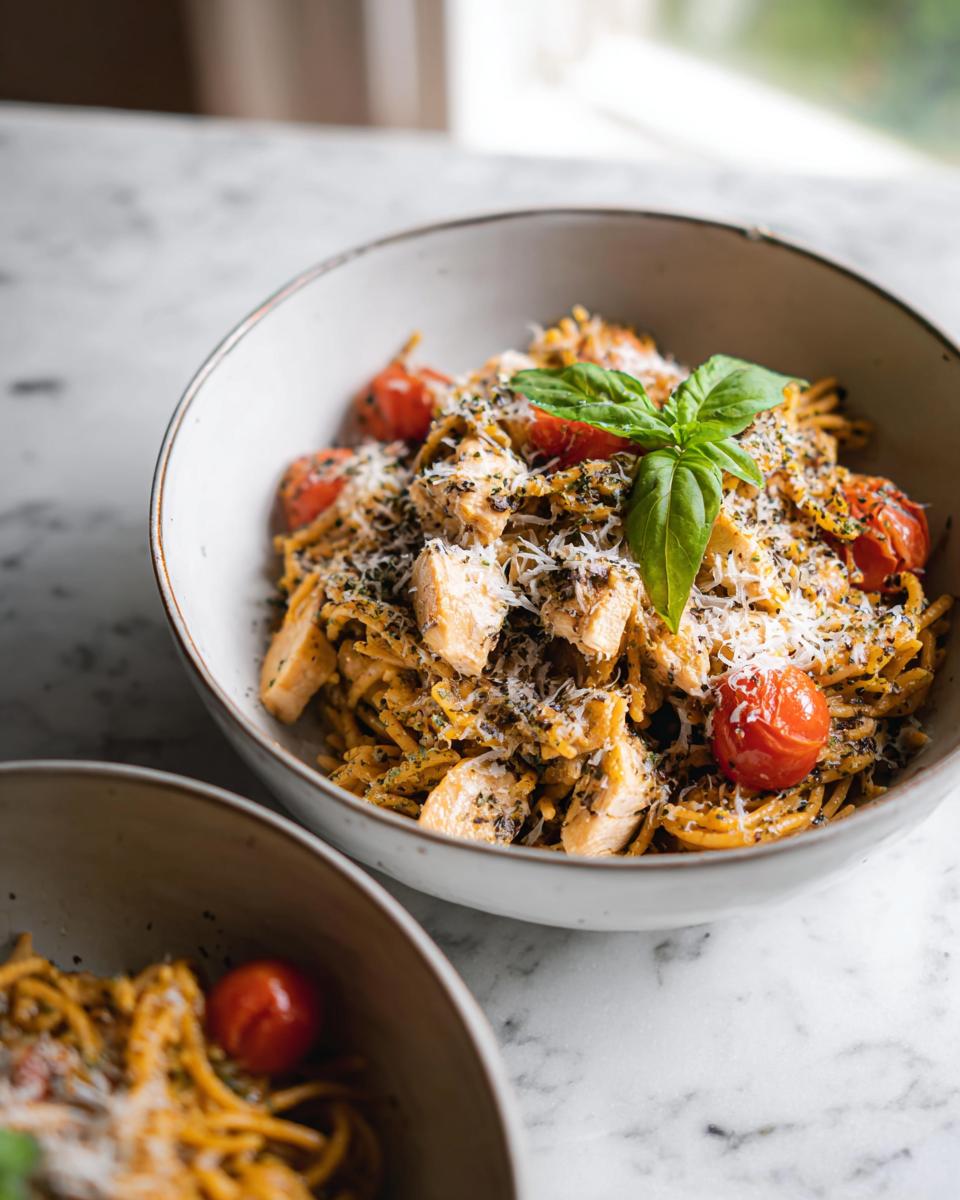 A close-up of a bowl of High Protein Chicken Pasta topped with diced chicken, cherry tomatoes, parmesan, and basil.