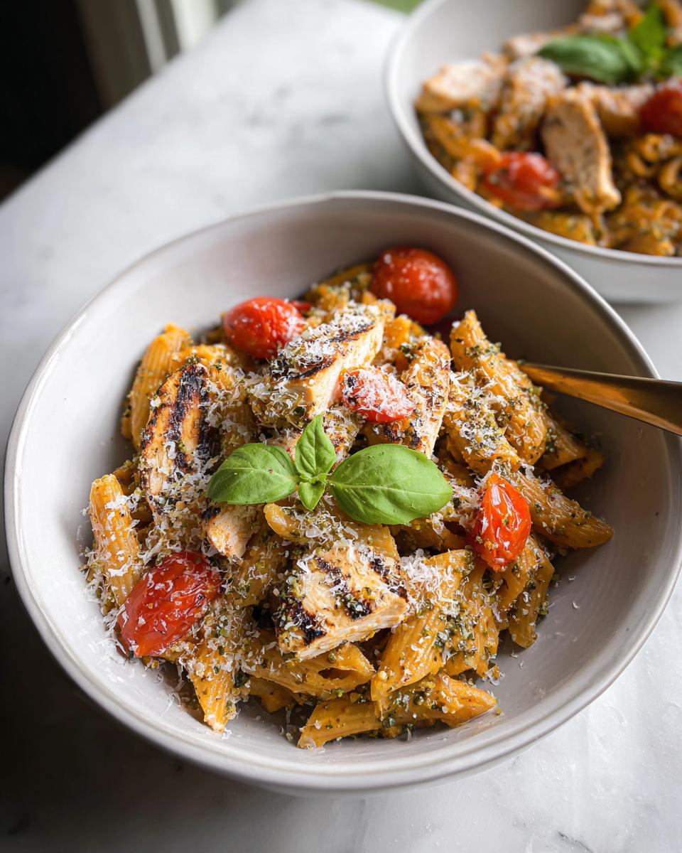 Close-up of a bowl of High Protein Chicken Pasta featuring grilled chicken, cherry tomatoes, and grated cheese.
