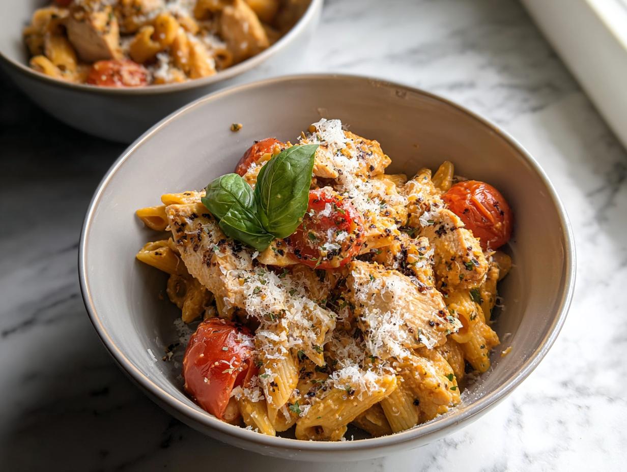 Close-up of a bowl of High Protein Chicken Pasta featuring penne, sliced chicken breast, roasted cherry tomatoes, and grated Parmesan.