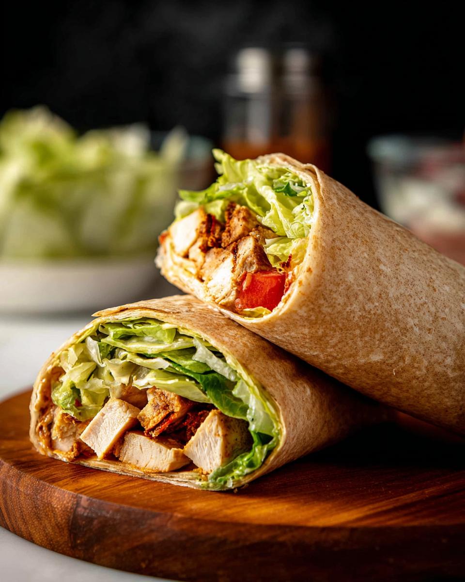Two halves of a High Protein Chicken Wrap, filled with diced chicken, lettuce, and tomato, resting on a wooden board.