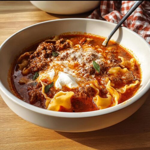 A close-up of a bowl of rich, red High Protein Lasagna Soup topped with ground meat, melted cheese, and a dollop of ricotta.