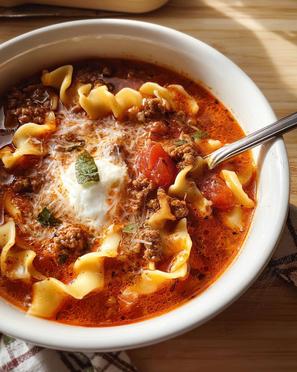 Close-up of a white bowl filled with rich, red High Protein Lasagna Soup, featuring meat, lasagna noodles, and a dollop of ricotta.