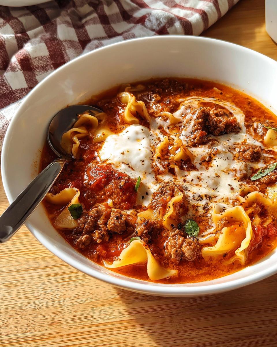 A close-up of a bowl of High Protein Lasagna Soup featuring rich meat sauce, pasta pieces, and a swirl of white cream.