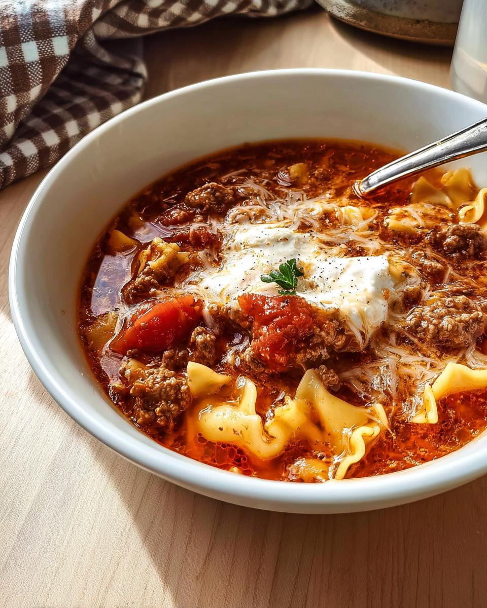A close-up of a white bowl filled with rich High Protein Lasagna Soup, featuring meat, noodles, and a dollop of ricotta.