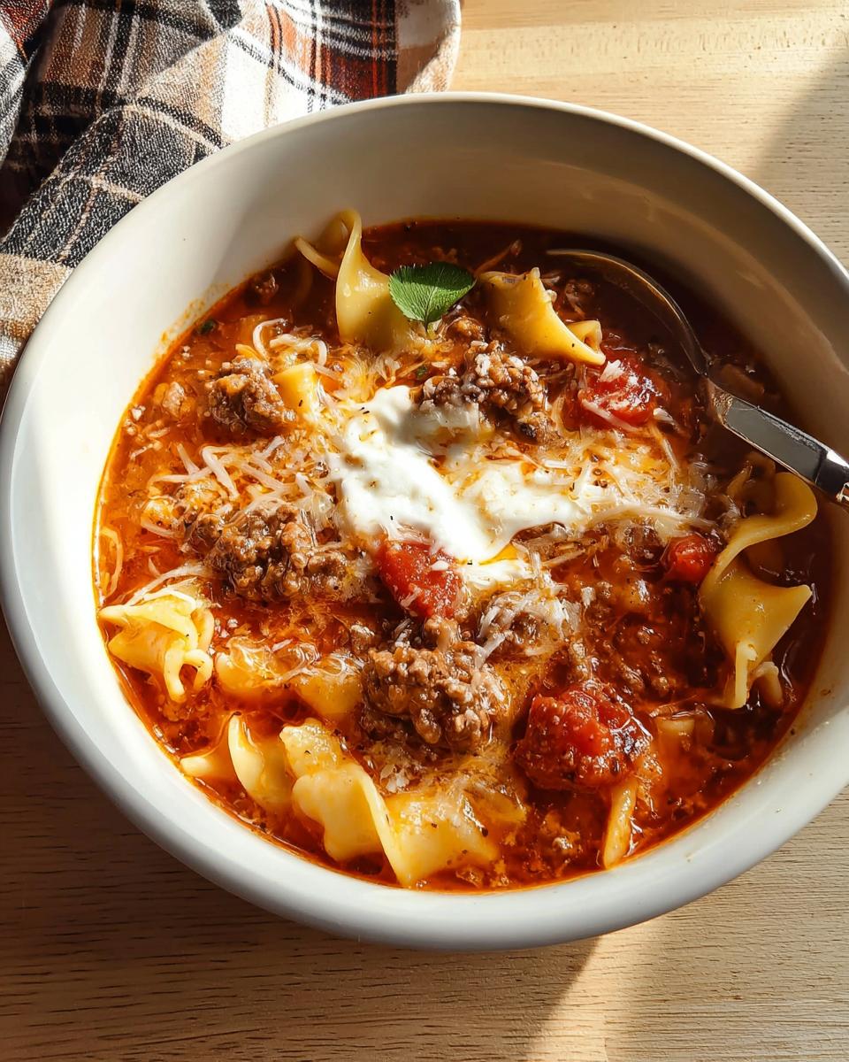 A close-up overhead shot of a bowl of rich, tomato-based High Protein Lasagna Soup topped with meat, cheese, and a dollop of cream.