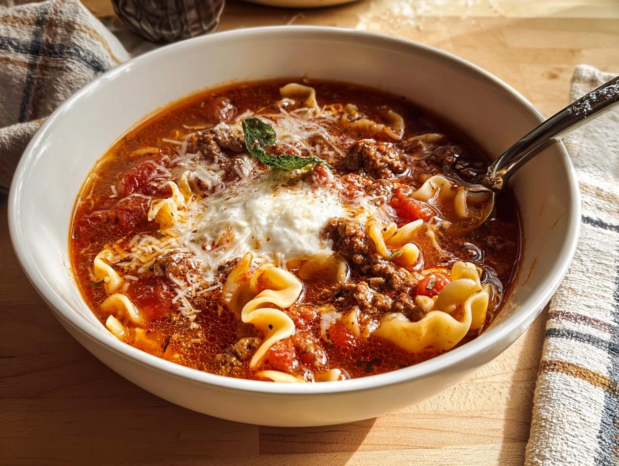 Close-up of a white bowl filled with rich, tomato-based High Protein Lasagna Soup, topped with ground meat, ricotta, and Parmesan.