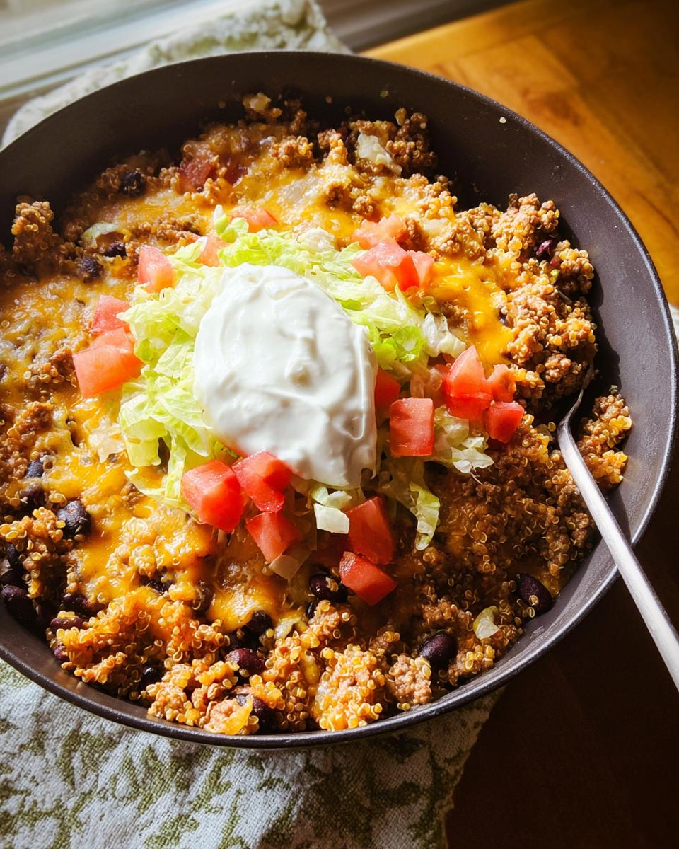 Close-up of a High Protein Taco Bowl featuring seasoned quinoa, ground meat, black beans, melted cheese, lettuce, diced tomatoes, and sour cream.