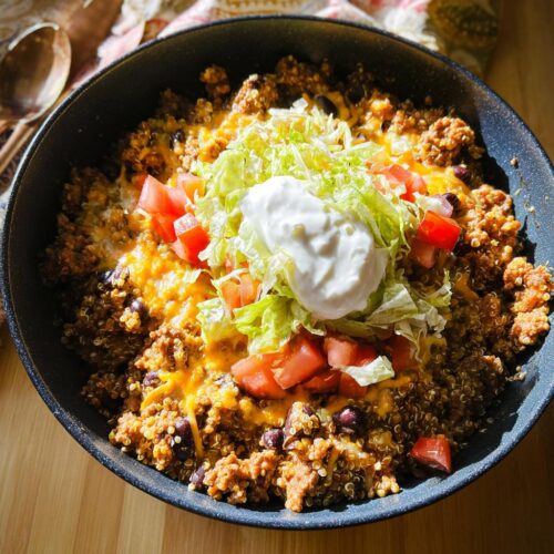 A skillet filled with a High Protein Taco Bowl made with seasoned ground meat, quinoa, black beans, melted cheese, lettuce, tomatoes, and sour cream.