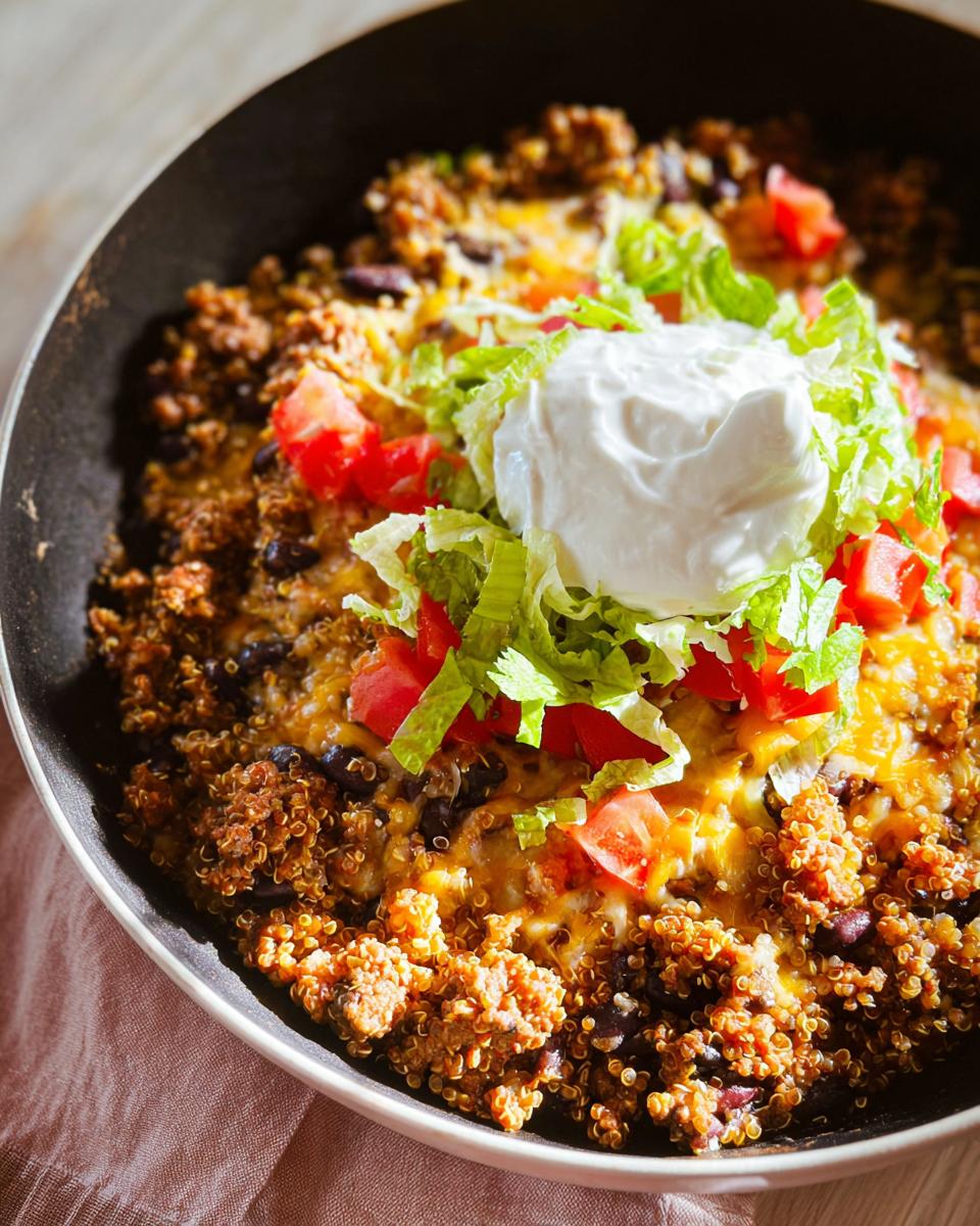 Close-up of a skillet filled with High Protein Taco Bowl featuring seasoned quinoa, black beans, melted cheese, lettuce, tomatoes, and sour cream.