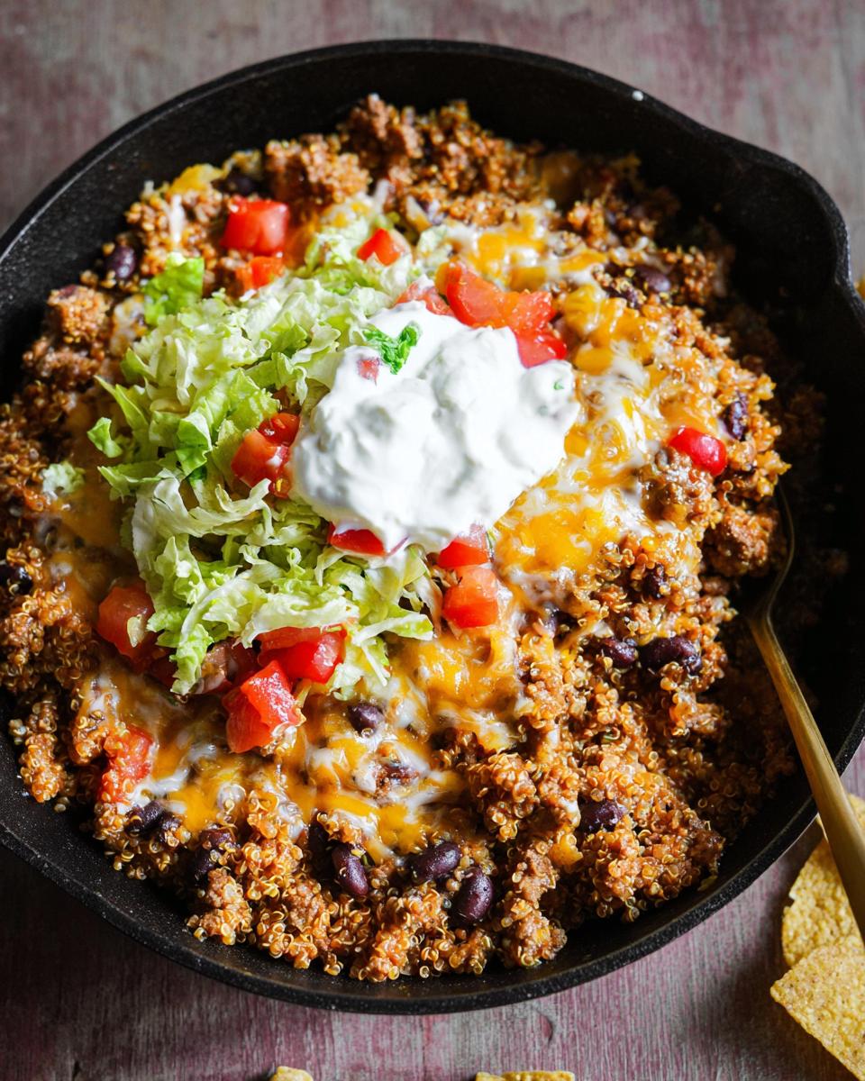 A skillet filled with a High Protein Taco Bowl featuring seasoned quinoa, black beans, melted cheese, lettuce, tomatoes, and sour cream.