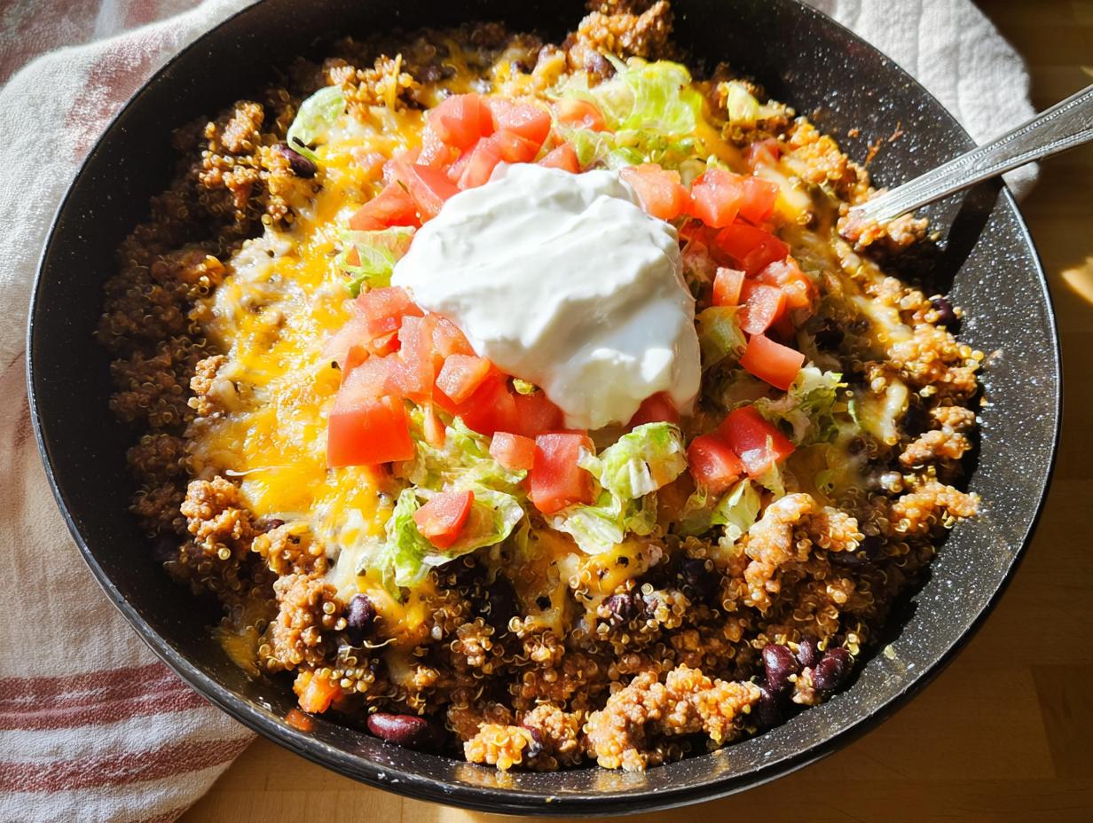 Overhead view of a skillet filled with a High Protein Taco Bowl featuring seasoned quinoa, black beans, melted cheese, lettuce, diced tomatoes, and sour cream.