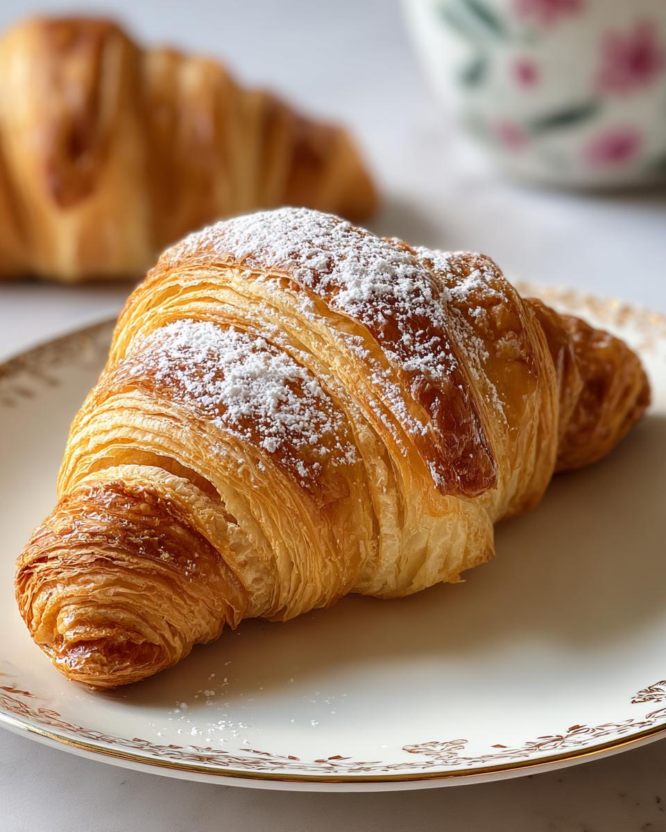 Close-up of a flaky, golden Homemade French Pastry for Breakfast dusted with powdered sugar on a white plate.