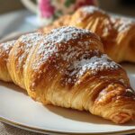 Close-up of a flaky, golden Homemade French Pastry for Breakfast dusted with powdered sugar.
