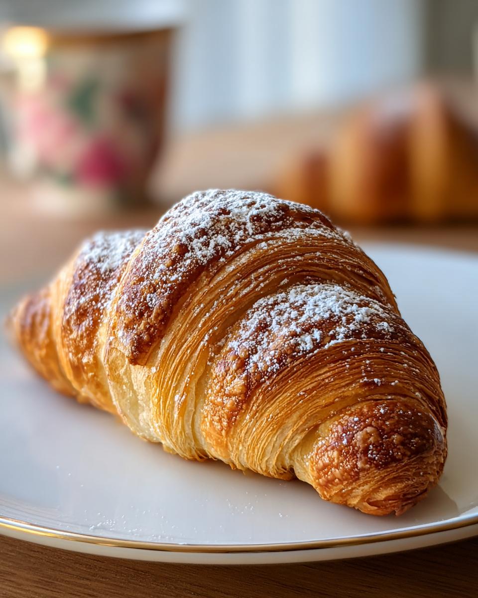 Close-up of a golden, flaky Homemade French Pastry for Breakfast (croissant) dusted with powdered sugar.