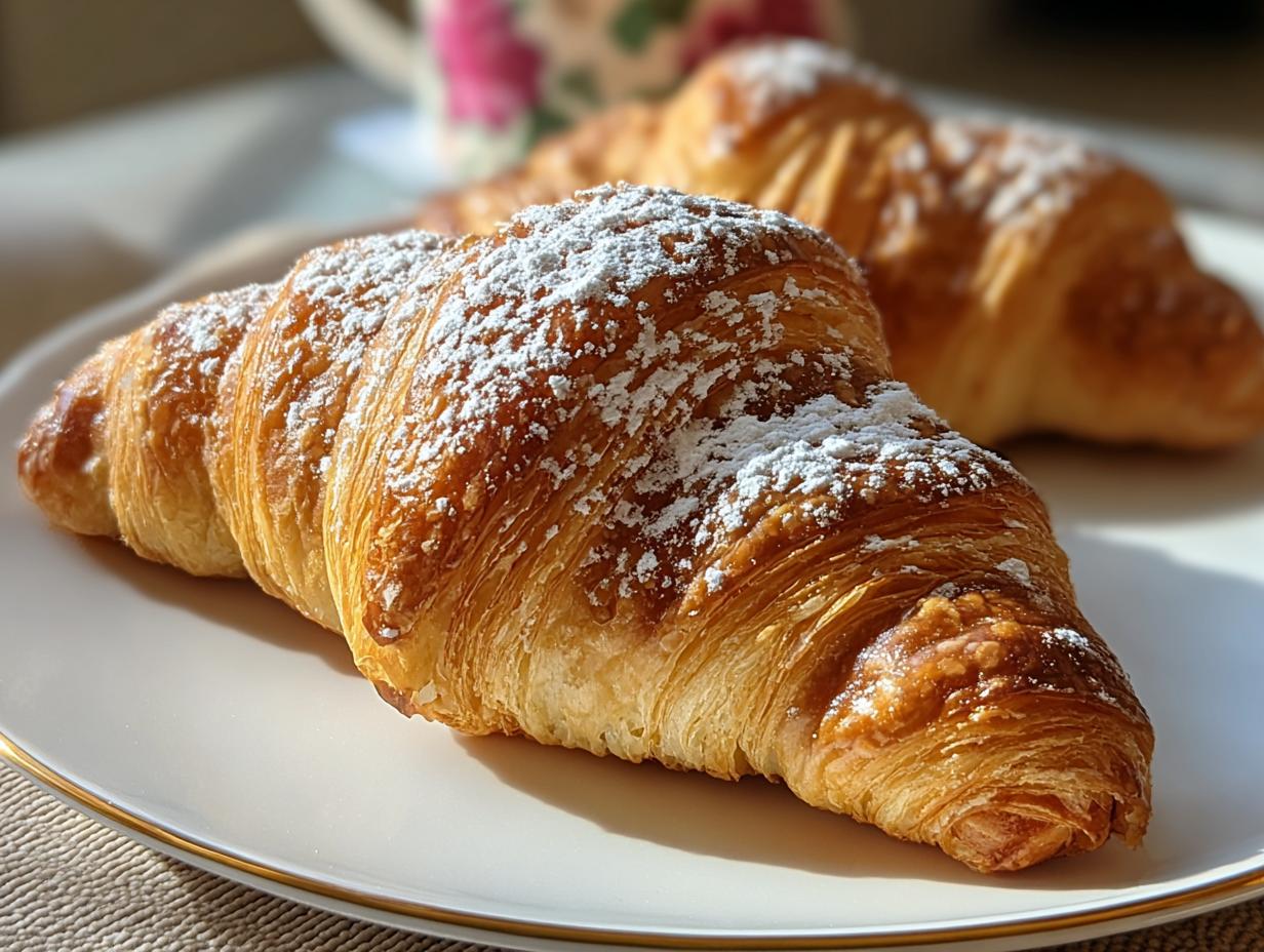 Close-up of a flaky, golden Homemade French Pastry for Breakfast dusted with powdered sugar.