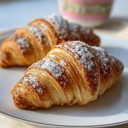 Two golden, flaky croissants dusted with powdered sugar, representing Homemade French Pastry for Breakfast.