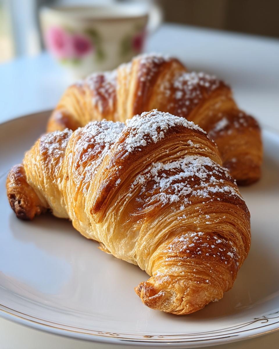 Two golden, flaky croissants dusted with powdered sugar, perfect for Homemade French Pastry for Breakfast.