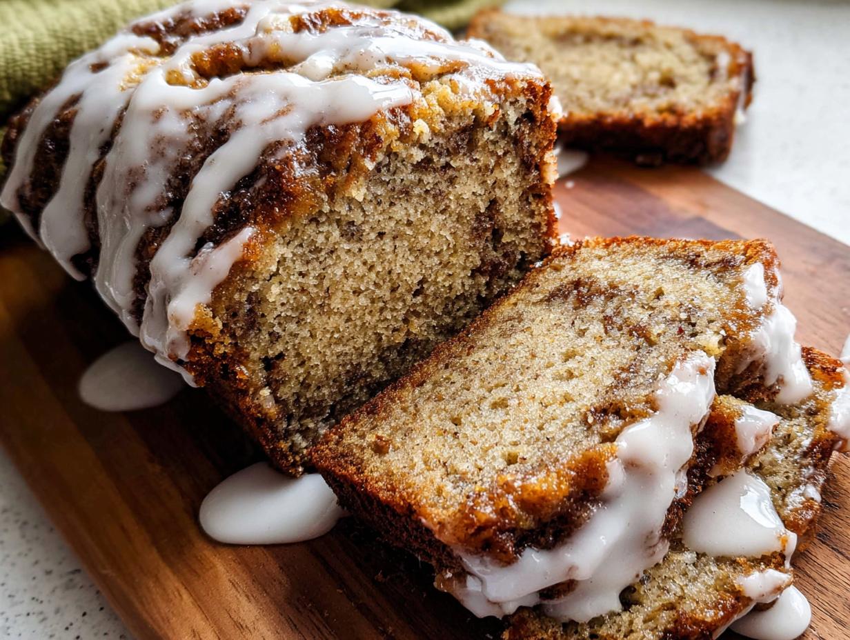 Close-up of a sliced Iced Cinnamon Banana Loaf drizzled with thick white glaze on a wooden board.