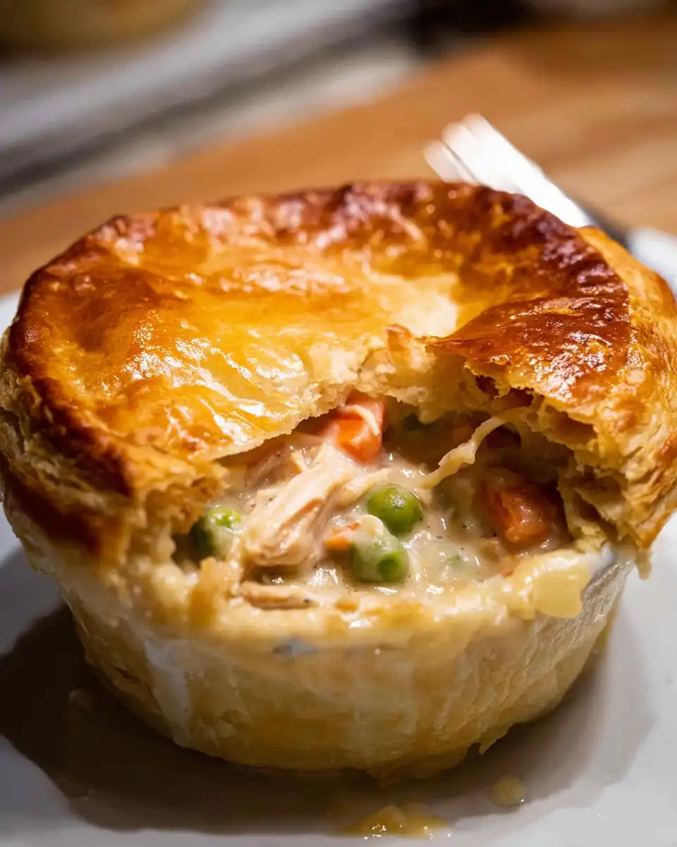 Close-up of an individual Chicken Pot Pie with Puff Pastry, showing creamy filling with chicken, peas, and carrots.
