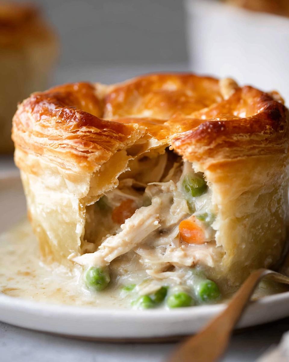 Close-up of an individual Chicken Pot Pie with Puff Pastry, showing creamy filling with chicken, peas, and carrots spilling out.