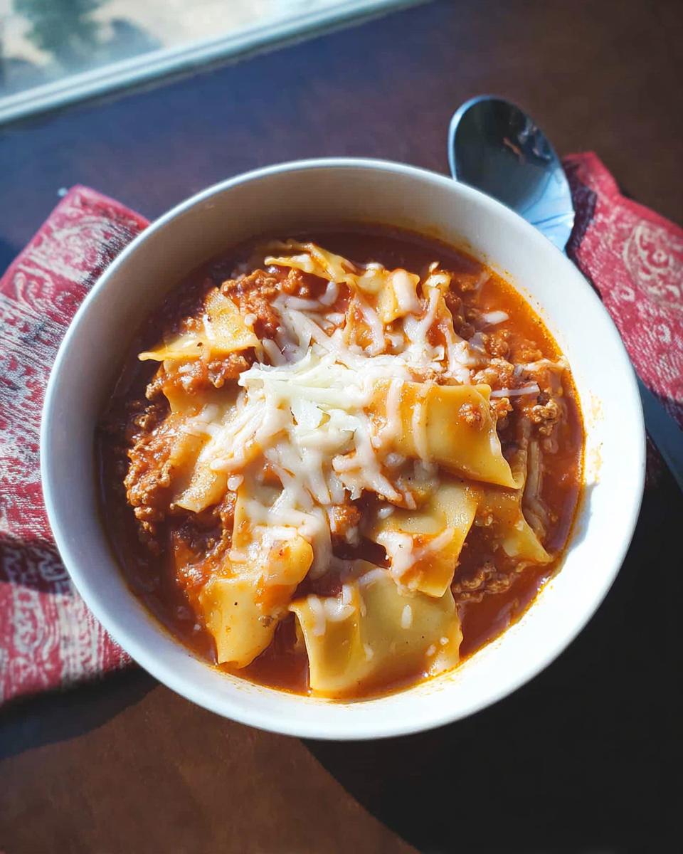 A close-up of a white bowl filled with Italian Sausage Lasagna Soup, topped with melted mozzarella cheese.
