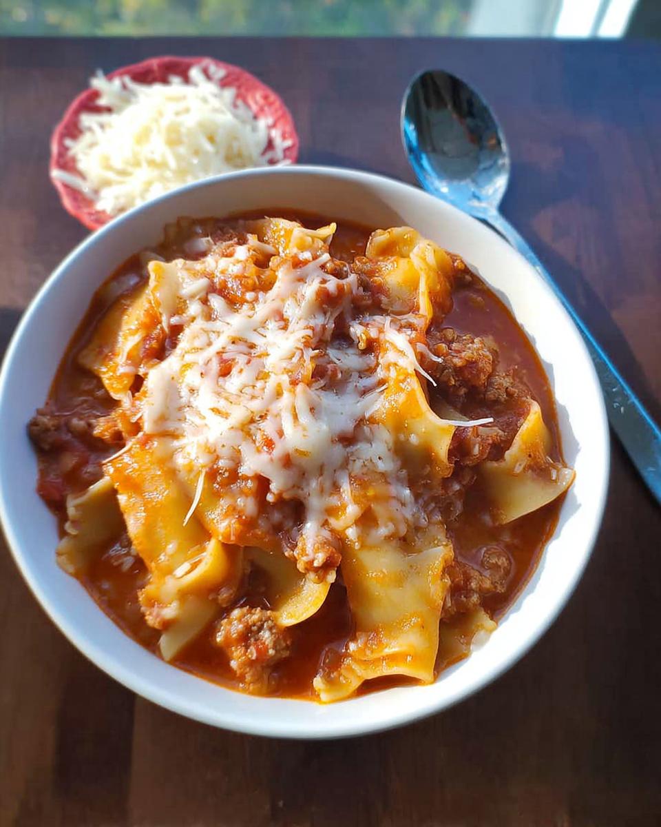 A white bowl filled with rich Italian Sausage Lasagna Soup, topped generously with melted mozzarella cheese.