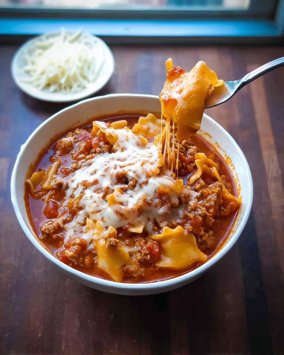 A fork lifting a piece of lasagna noodle coated in sauce and cheese from a bowl of Italian Sausage Lasagna Soup.