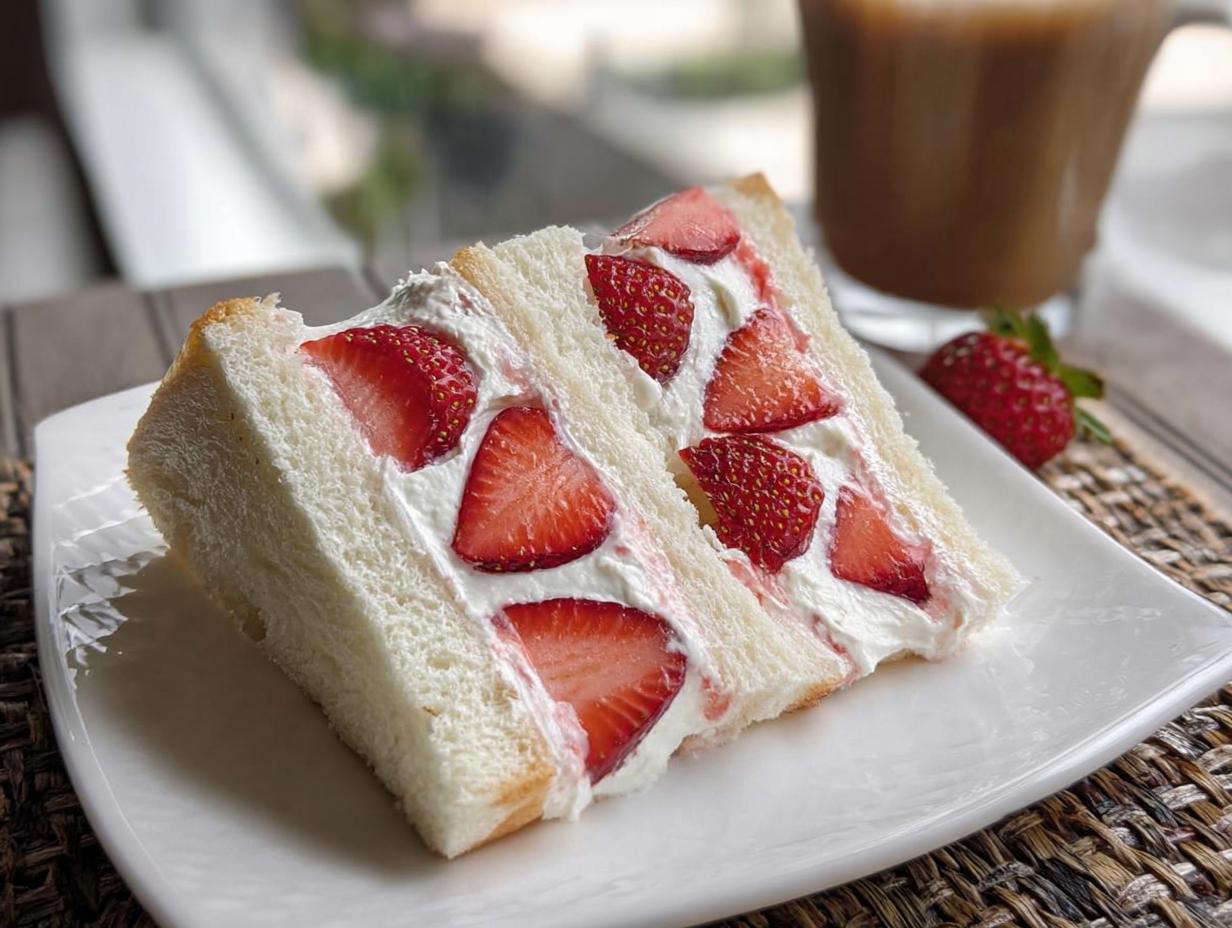 Two halves of a Japanese Strawberry Sando showing thick layers of cream and sliced strawberries between soft white bread.