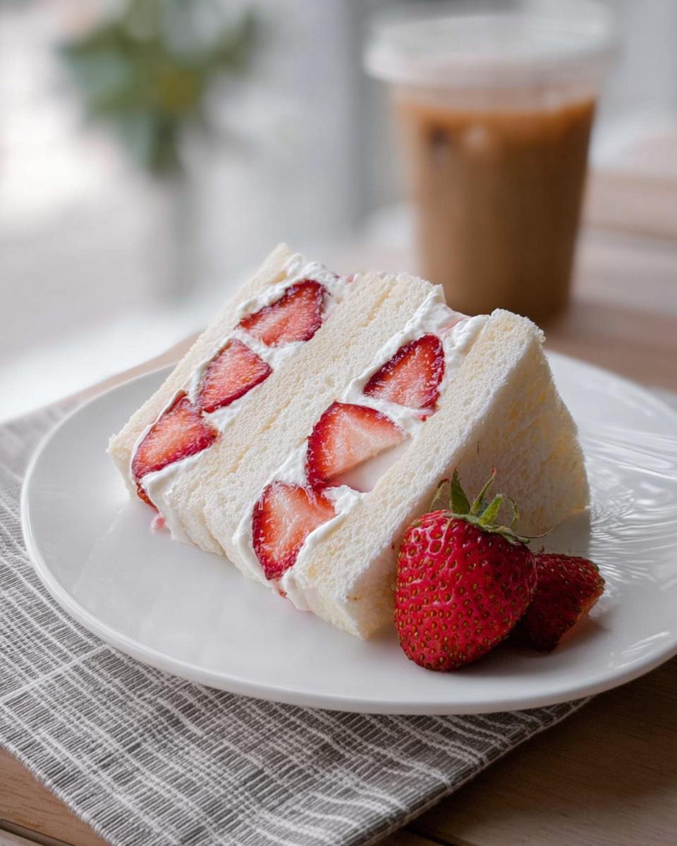 A cross-section slice of Japanese Strawberry Sando showing layers of white bread, cream, and bright red strawberries, served with whole strawberries.